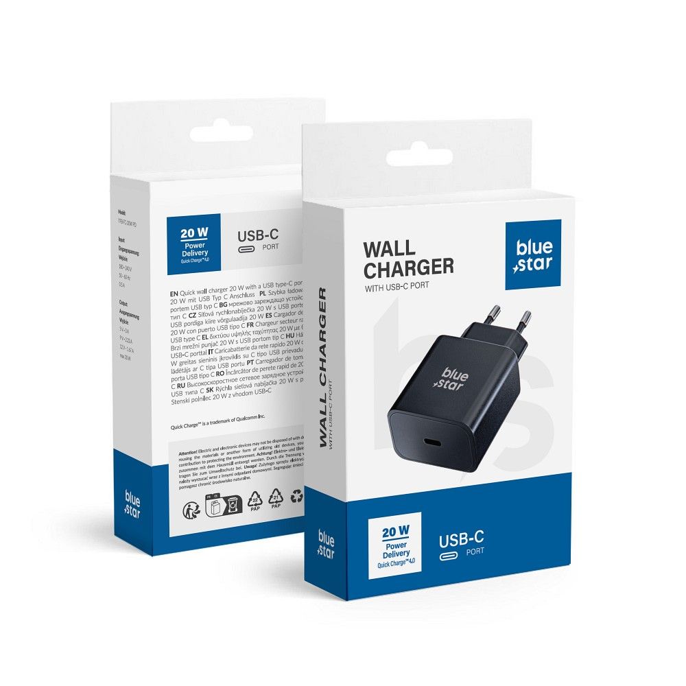Chargeur secteur universel 3A 20W USB-C Black fonction de charge PD et QC 4.0